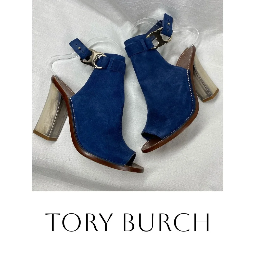 Tory Burch Blue Suede Peep Toe Slingback Heels Metallic Sculpted‎ Heel Size 7